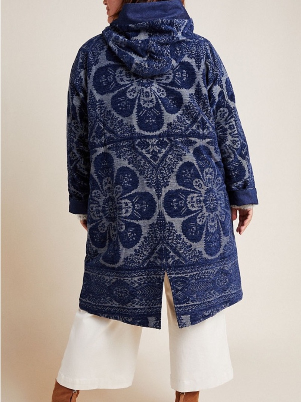 Anthropologie Blue Chenille Tapestry Patterned Long Women's Coat Parka Sz 1X - Picture 4 of 16
